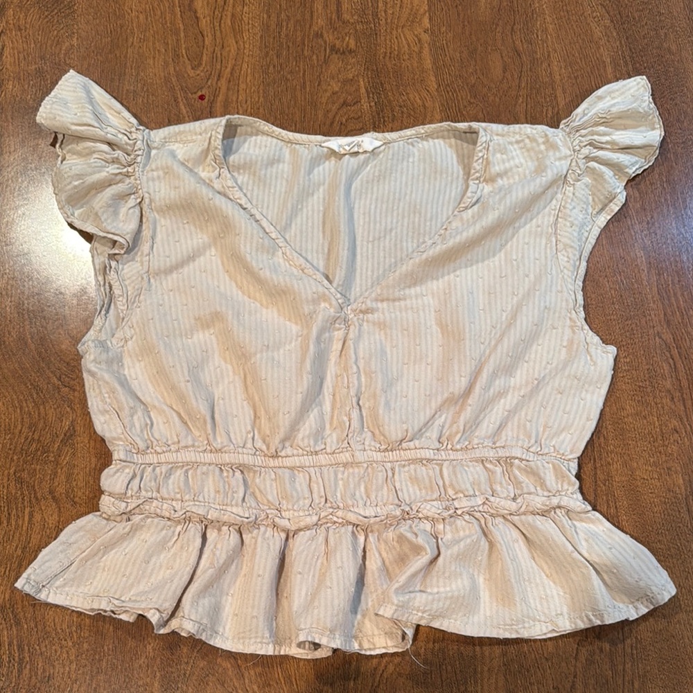 Cream Ruffled Peplum Cap Sleeve Blouse